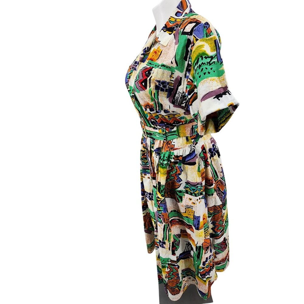 Vintage Together! Multicolor Abstract Print Belted Short-Sleeve Cotton Dress Wom - Picture 2 of 12